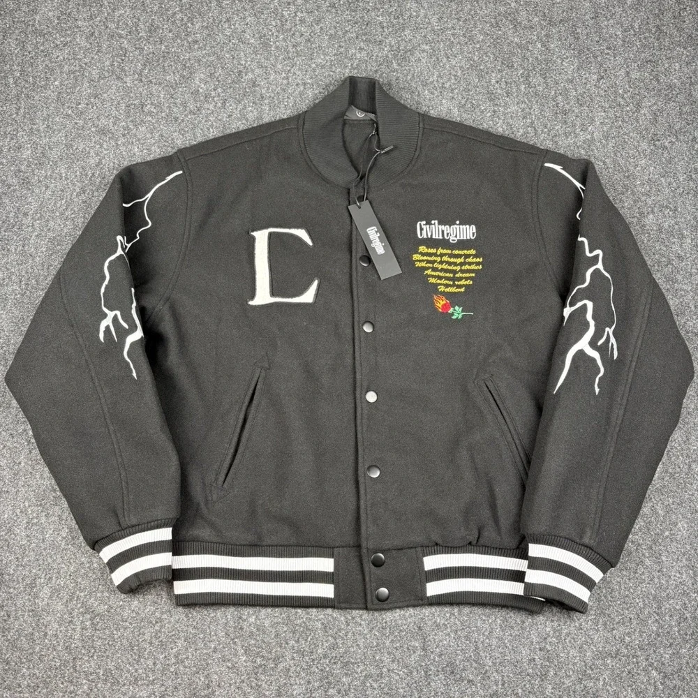 Civil Regime Black Lightning Flaming Rose Varsity Bomber Jacket Mens Large NWT